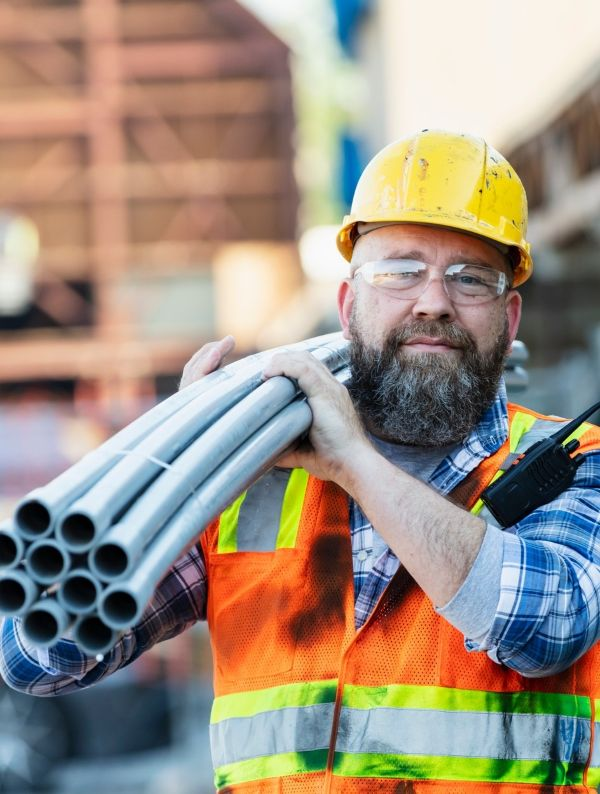 A construction worker carrying pvc pipes on his shoulder on an outdoor construction site. He is wearing a hardhat, safety glasses, and reflective vest.